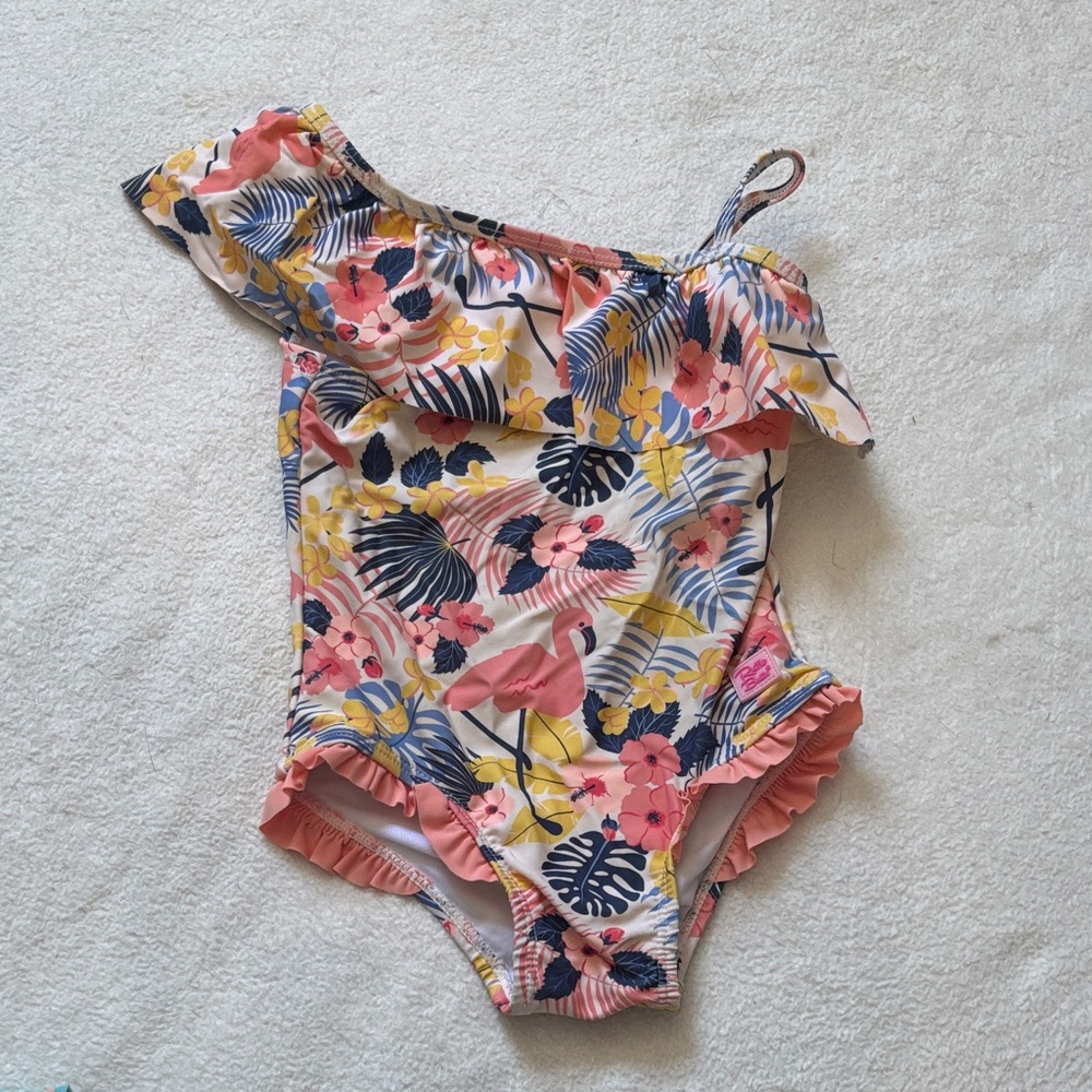 Ruffle Butts Pink and Yellow Floral One-Shoulder Swimsuit